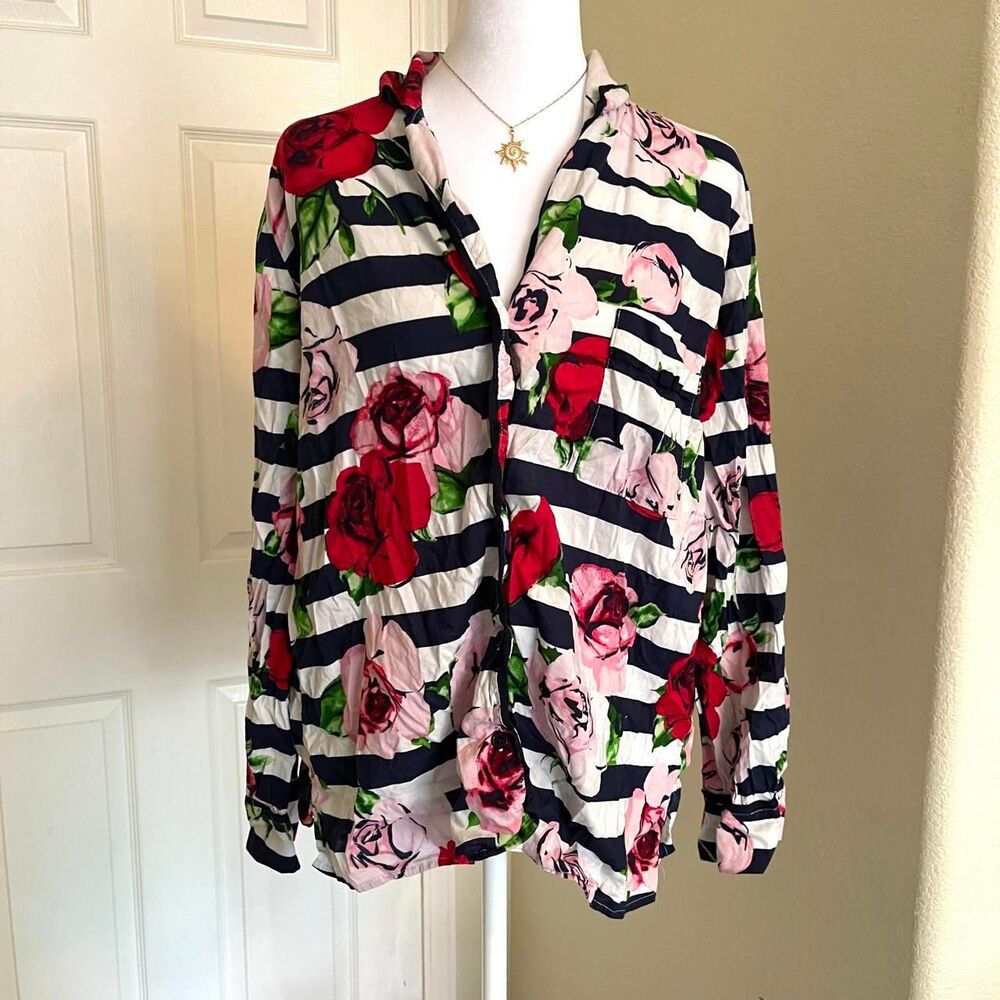 Kate Spade white and navy striped button blouse with pink and red roses